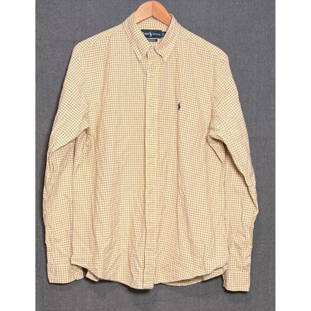 Ralph Lauren Mens Custom Fit Check Button Down Shirt Yellow Blue 16.5 36/37